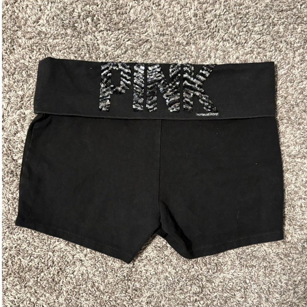 Y2K PINK Victoria's Secret Black Foldover Yoga Shorts Sequin Zebra Logo Medium